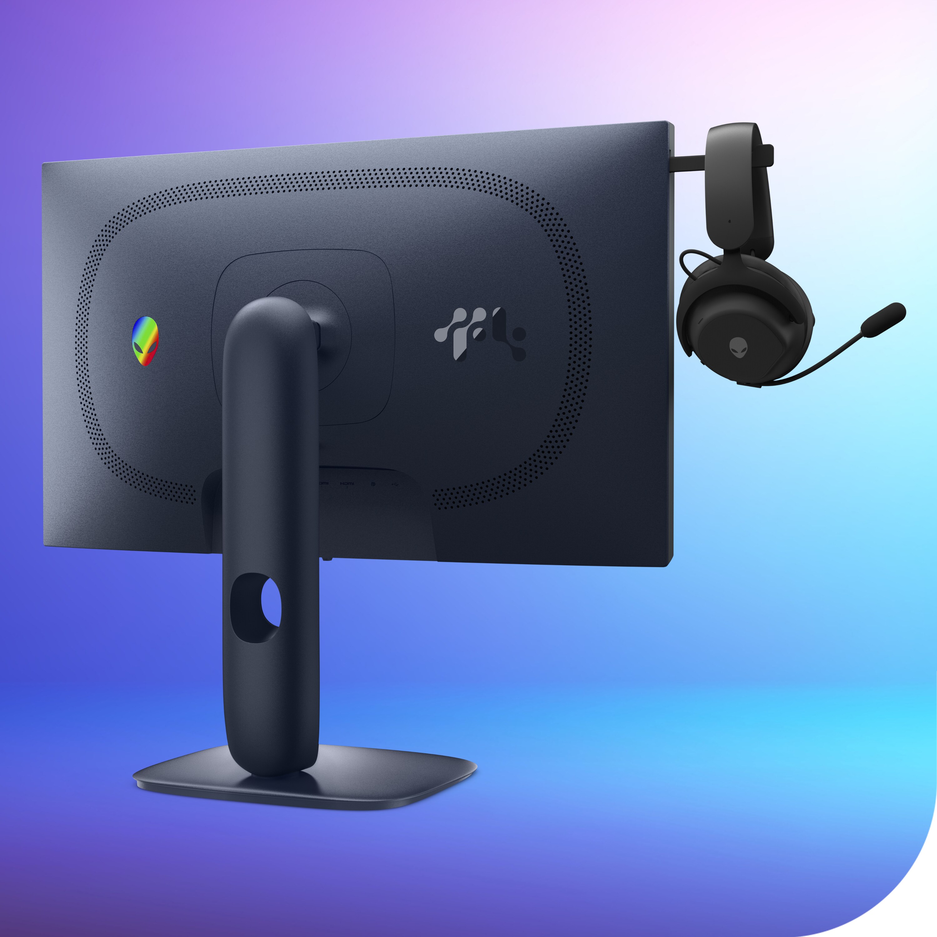 Tył monitora z wysuwanym uchwytem na słuchawki i logo Alienware.